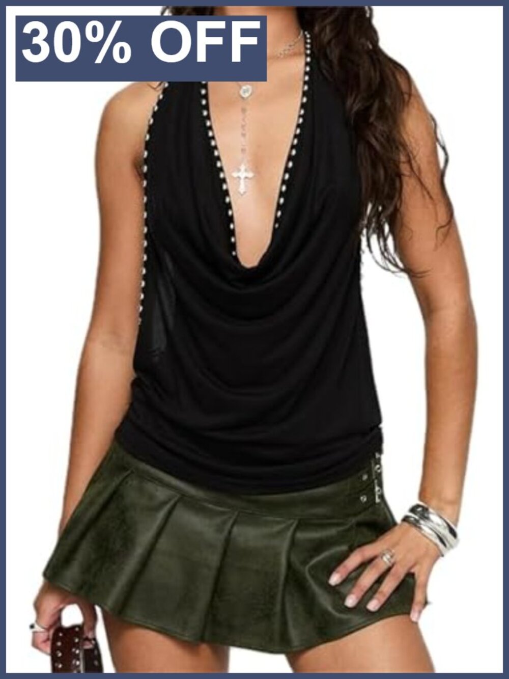 Women Studded Halter Tank Top Deep V Cowl Neck Backless Draped Club Top